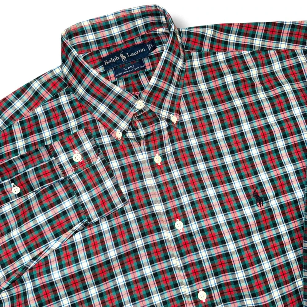 Polo Ralph Lauren‎ Blake Mens Large Plaid Button Down Shirt Red Green Cotton